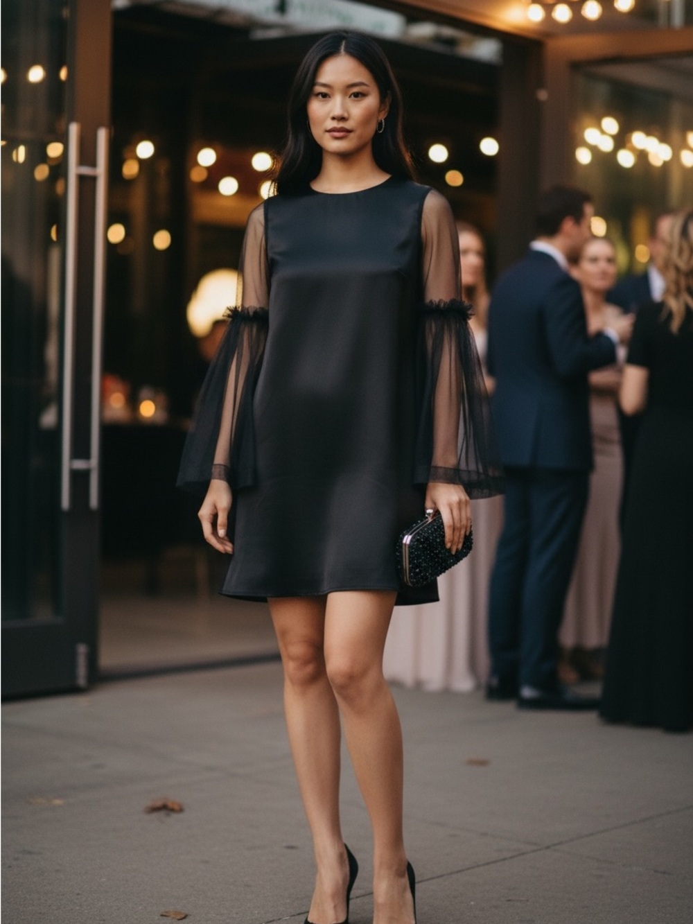Mother of Pearl Black Mini Dress with Sheer Bell Sleeves